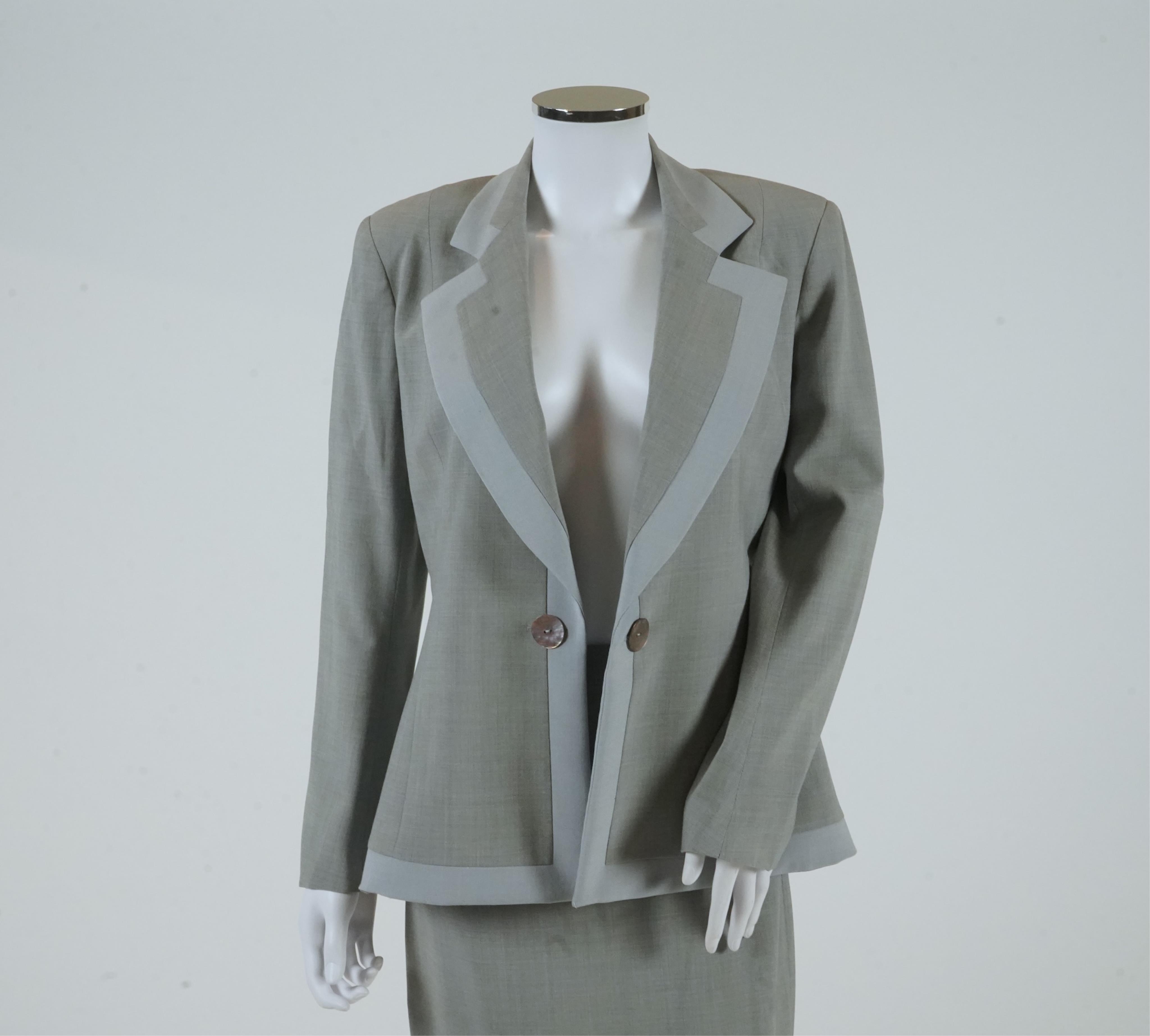 A Lea Rome grey skirt suit and a pale pink skirt